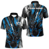 Maxcorners Custom Grunge Black And Blue Fire Flame Bowling Polo Shirts For Men, Bowling Team Uniform LM2707