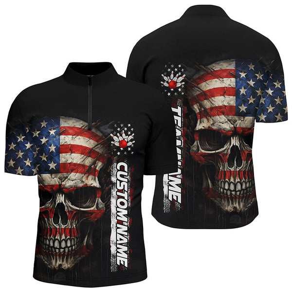 MaxCorners Bowling Ball And Pins Skull American Flag Bowler Customized Name, Team Name 3D Stand Collar Zipper Polo Shirt