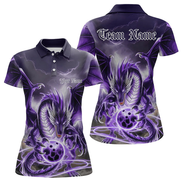 Maxcorners Purple Thunder Lightning Custom Dragon Bowling Polo Shirts For Women, Bowling Team Uniform
