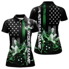 Maxcorners Custom Black And Green Thin Line American Flag Patriotic Us Bowling Team Polo Shirts For Men