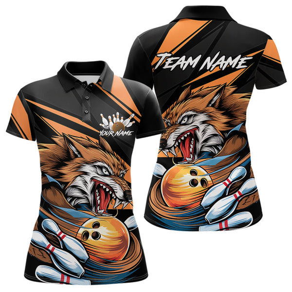 Maxcorners Custom Black And Orange Wolf Bowling Team Polo Shirts For Men & Women, Wolf Bowling Jerseys