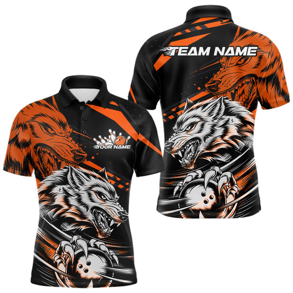 Maxcorners Custom Black And Orange Wolf Bowling Men & Women Polo Shirts, Wolf Bowling League Shirt Team Uniform