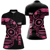 Maxcorners Pink Sugar Skull Tattoo Custom For Men Team Bowling Polo Shirts, Team Bowling Jerseys