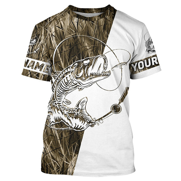 Maxcorners Grass Lake Camo Custom Fish Skull Long Sleeve Fishing Shirts, Fish Skeleton Fishing Jerseys MT2108