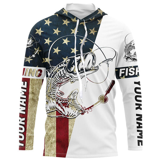 Maxcorners Personalized American Flag Fish Skull Fishing Shirts, Patriotic Long Sleeve Fishing Shirts LM0501