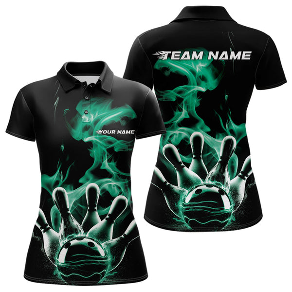 Maxcorners Custom Green Smoke Bowling Polo Team Shirts For Men, Flame Bowling League Shirt LM2707