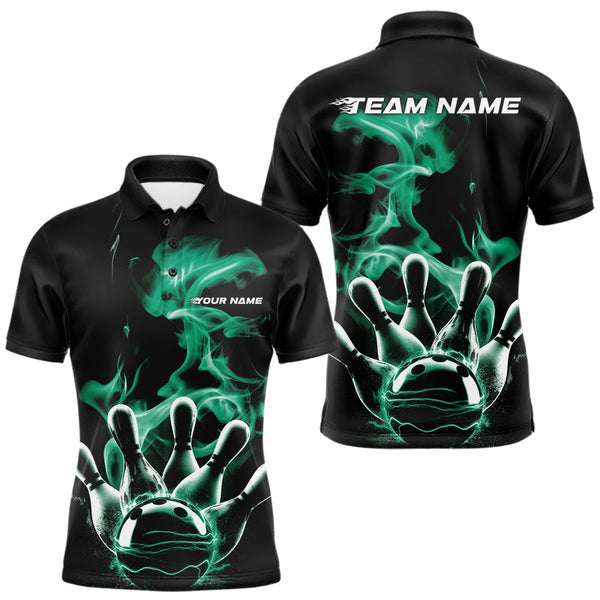 Maxcorners Custom Green Smoke Bowling Polo Team Shirts For Men, Flame Bowling League Shirt LM2707
