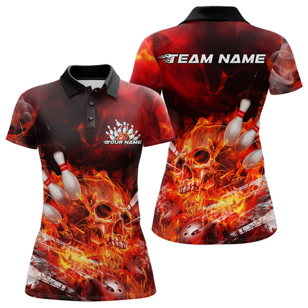 Maxcorners Custom Fire Flame Skull Bowling Polo Shirts For Men, Halloween Bowling Outfits LM2707