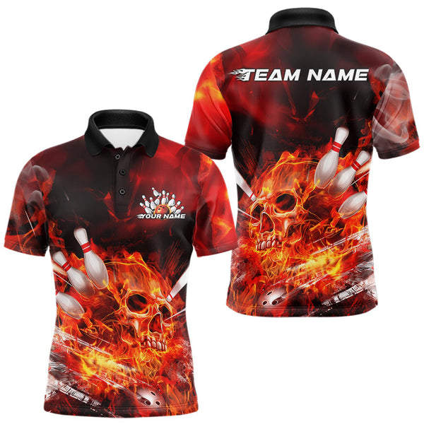 Maxcorners Custom Fire Flame Skull Bowling Polo Shirts For Men, Halloween Bowling Outfits LM2707