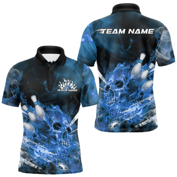 Maxcorners Custom Blue Fire Flame Skull Bowling Polo Shirts For Men, Halloween Bowling Outfits LM2707