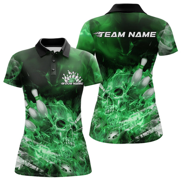 Maxcorners Custom Green Fire Flame Skull Bowling Polo Shirts For Men, Halloween Bowling Outfits LM2707