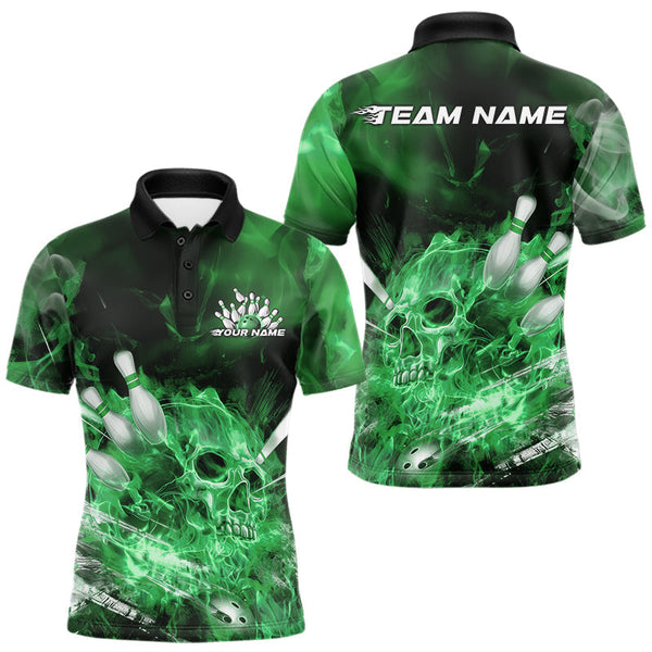 Maxcorners Custom Green Fire Flame Skull Bowling Polo Shirts For Men, Halloween Bowling Outfits LM2707