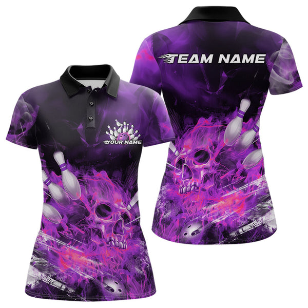 Maxcorners Custom Pink Fire Flame Skull Bowling Polo Shirts For Men, Halloween Bowling Outfits  LM2707