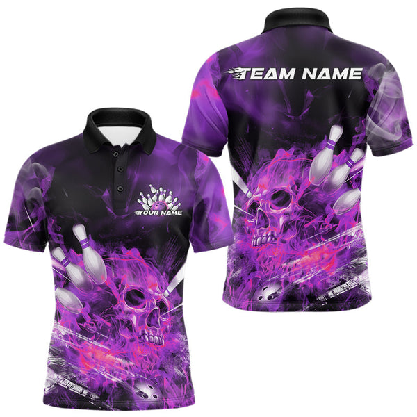 Maxcorners Custom Pink Fire Flame Skull Bowling Polo Shirts For Men, Halloween Bowling Outfits  LM2707
