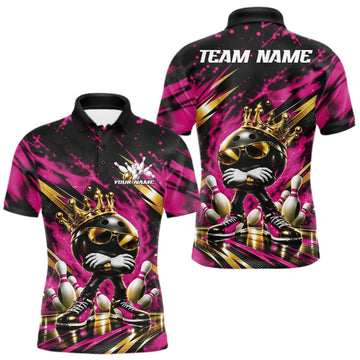 Maxcorners Custom Pink And Gold Funny Awesome Crown Bowling Ball Bowling King Men Polo Team Shirt LM2709