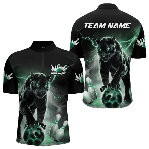 Maxcorners Green Thunder Lightning Custom Panther Bowling Polo Shirts For Men, Bowling Team Uniform