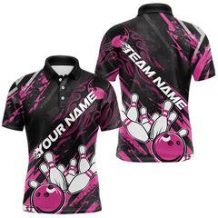 Maxcorners Grunge Black And Pink Custom Flame Bowling Team Polo Shirts For Men, Bowling League