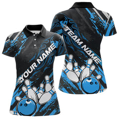 Maxcorners Grunge Black And Blue Custom Flame Bowling Team Polo Shirts For Men, Bowling League Shirt