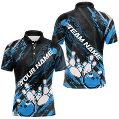 Maxcorners Grunge Black And Blue Custom Flame Bowling Team Polo Shirts For Men, Bowling League Shirt