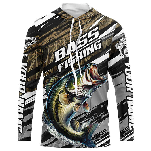 Maxcorners Bass Fishing Camo Long Sleeve Fishing Shirts, Custom Largemouth Bass Tournament Fishing Jerseys LM0201
