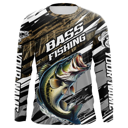 Maxcorners Bass Fishing Camo Long Sleeve Fishing Shirts, Custom Largemouth Bass Tournament Fishing Jerseys LM0201