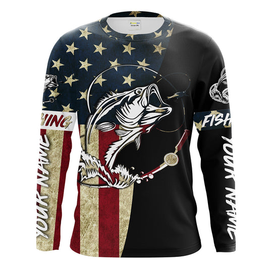Maxcorners Personalized Bass Fishing American Flag Custom Long Sleeve Fishing Shirts, personalized Patriotic Fishing gifts LM0501