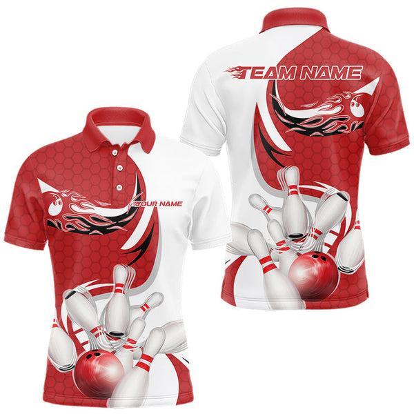 Maxcorners Custom White And Red Bowling Polo Shirts For Men, Flame Bowling Team Shirt