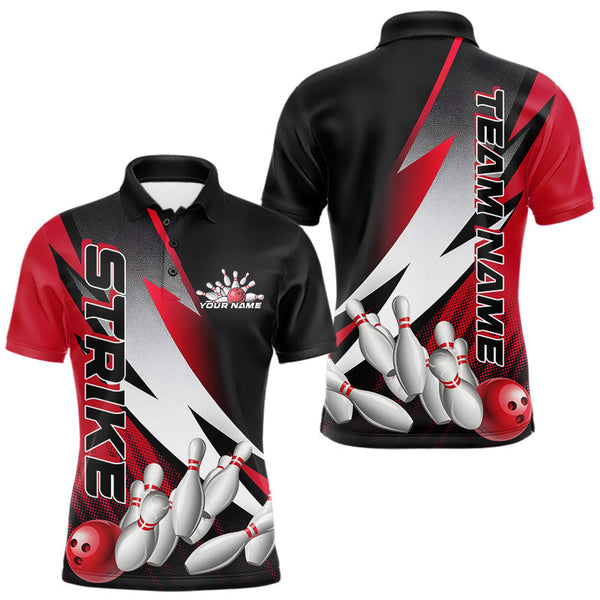 Maxxcorners Custom Black And Red Strike Bowling Polo Shirts For Men, Bowling Team Uniform MT0307