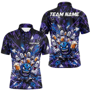 Maxcorners Custom Monster Bowling Beer Party Men Polo Shirt With Funny Ball And Pins LM0607