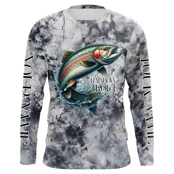 Maxcorners Gray Tie Dye Camo Custom Rainbow Trout Fly Fishing Shirts, Trout Long Sleeve Fishing Shirt MT2108