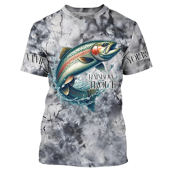 Maxcorners Gray Tie Dye Camo Custom Rainbow Trout Fly Fishing Shirts, Trout Long Sleeve Fishing Shirt MT2108