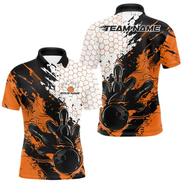 Maxcorners Custom Orange Flame Grunge Bowling Men Polo Shirt, Halftone Hexagon Bowling Shirt LM0409