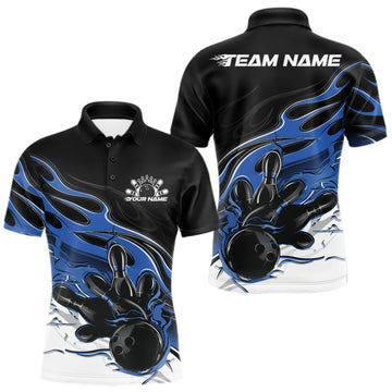 Maxcorners Custom Black And Blue Flame Bowling Men Jersey, Bowling Team Men Polo Shirt LM0409