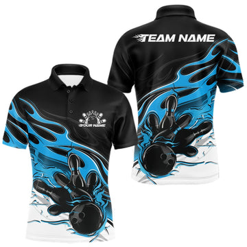 Maxcorners Custom Black And Ball Blue Flame Bowling Men Jersey, Bowling Team Men Polo Shirt LM0409