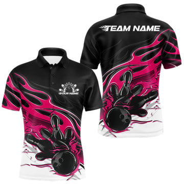 Maxcorners Custom Black And Pink Flame Bowling Men Jersey, Bowling Team Men Polo Shirt LM0409