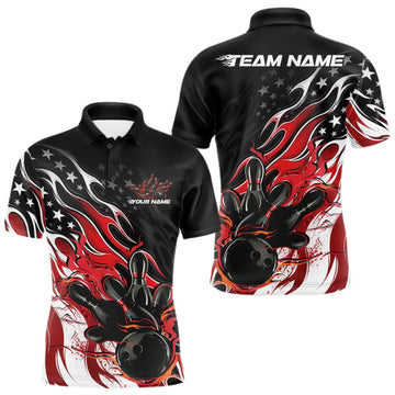 Maxcorners Custom Patriotic American Flag Red Flame Bowling Men Polo Shirt, US Bowling Jersey LM0409