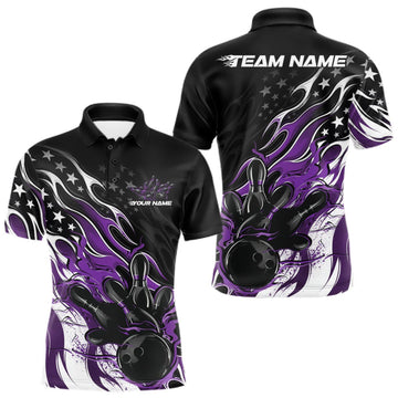 Maxcorners Custom Patriotic American Flag Purple Flame Bowling Men Polo Shirt, US Bowling Jersey LM0409