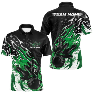 Maxcorners Custom Patriotic American Flag Green Flame Bowling Men Polo Shirt, US Bowling Jersey LM0409