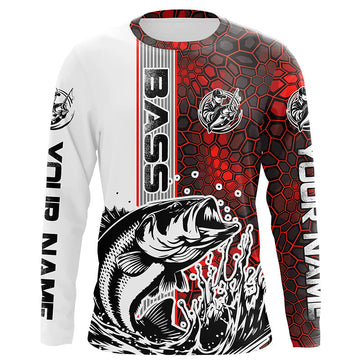 Maxcorners Pesonalized Largemouth Bass Fishing Jerseys, Bass Long Sleeve Tournament Fishing Shirts | Red Camo LM0201