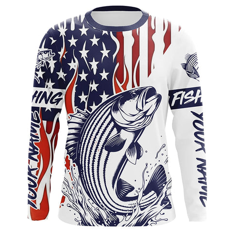 Maxcorners Flame American Flag Custom Striped Bass Long Sleeve Fishing Shirts, Patriotic Striper Fishing Jersey  LM2408