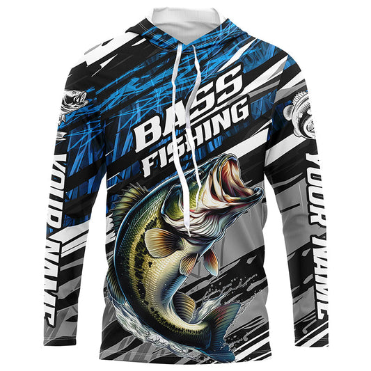 Maxcorners Bass Fishing Camo Long Sleeve Fishing Shirts, Custom Bass Tournament Fishing Jerseys | Blue LM0201