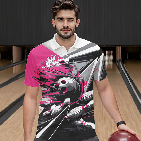 Maxcorners Custom Black And Pink Striking Bowling Polo Shirts For Men, Team Uniform Bowlers Outfits