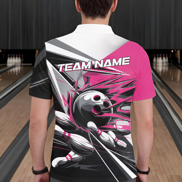 Maxcorners Custom Black And Pink Striking Bowling Polo Shirts For Men, Team Uniform Bowlers Outfits