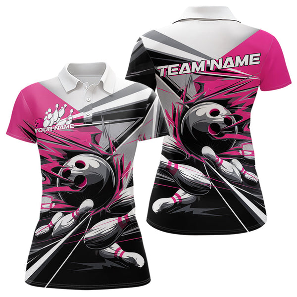 Maxcorners Custom Black And Pink Striking Bowling Polo Shirts For Men, Team Uniform Bowlers Outfits