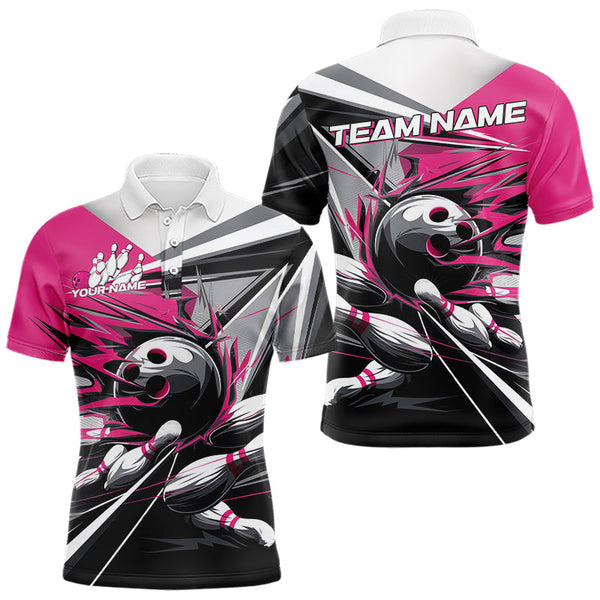 Maxcorners Custom Black And Pink Striking Bowling Polo Shirts For Men, Team Uniform Bowlers Outfits