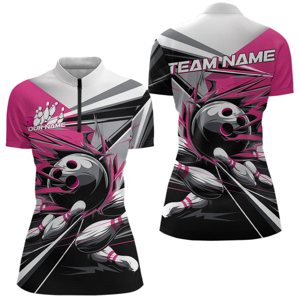 Maxcorners Custom Black And Pink Striking Bowling Polo Shirts For Men, Team Uniform Bowlers Outfits