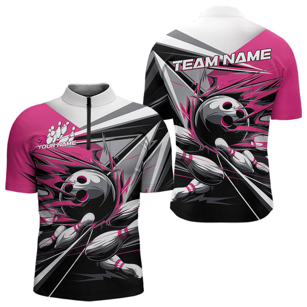 Maxcorners Custom Black And Pink Striking Bowling Polo Shirts For Men, Team Uniform Bowlers Outfits