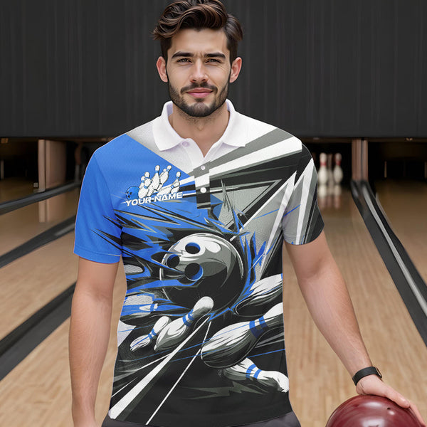 Maxcorners Custom Black And Blue Striking Bowling Polo Shirts For Men, Team Uniform Bowlers Outfits