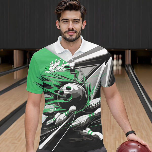 Maxcorners Custom Black And Green Striking Bowling Polo Shirts For Men, Team Uniform Bowlers Outfits