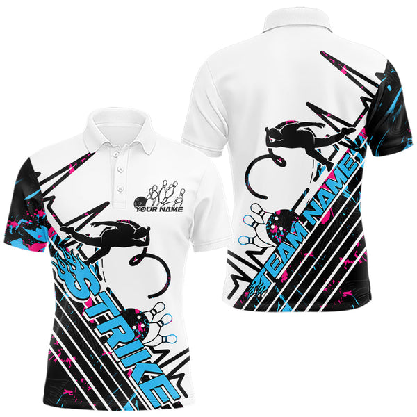 Maxcorners Custom Blue And Pink Camo Strike Bowling Polo Shirts For Men, Bowling Heartbeat Pulse Line TU0506
